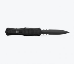 This 8.9" dagger spear point knife with 3.89" blade features double-action out-the-front automatic from side fire release button for quick opening and is ambidextrous for right or left handed use.