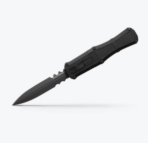 This 8.9" dagger spear point knife with 3.89" blade features double-action out-the-front automatic from side fire release button for quick opening and is ambidextrous for right or left handed use.