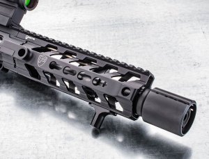 The Fortis Control Shield is designed to push the noise forward for combative situations or even for simple range use, while the top ports keep the muzzle device flat on target.