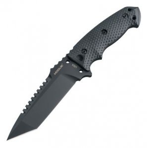 This 10.5" knife with 5.5" tanto blade features broad rear saw teeth and includes an automatic retention sheath.