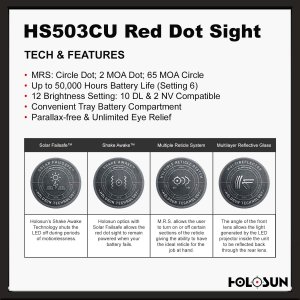 Features include Solar Failsafe, Shake Awake, 12 brightness settings, Holosun’s Super LED with up to 50k hours battery life, and Multi-Reticle System.