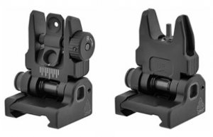 Match set of spring loaded AR-15 flip up front and rear sights. Spring-loaded posi-lock push button activation automatically deploys sight tower and prevents sight tower from collapsing when deployed.