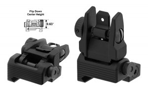 Match set of spring loaded AR-15 flip up front and rear sights. Spring-loaded posi-lock push button activation automatically deploys sight tower and prevents sight tower from collapsing when deployed.