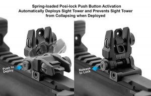 Match set of spring loaded AR-15 flip up front and rear sights. Spring-loaded posi-lock push button activation automatically deploys sight tower and prevents sight tower from collapsing when deployed.