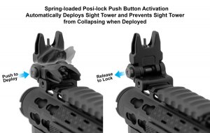 Match set of spring loaded AR-15 flip up front and rear sights. Spring-loaded posi-lock push button activation automatically deploys sight tower and prevents sight tower from collapsing when deployed.