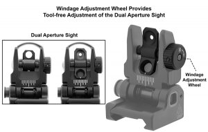 Match set of spring loaded AR-15 flip up front and rear sights. Spring-loaded posi-lock push button activation automatically deploys sight tower and prevents sight tower from collapsing when deployed.