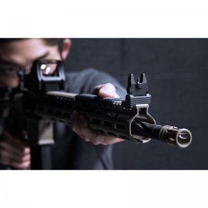 Match set of spring loaded AR-15 flip up front and rear sights. Spring-loaded posi-lock push button activation automatically deploys sight tower and prevents sight tower from collapsing when deployed.
