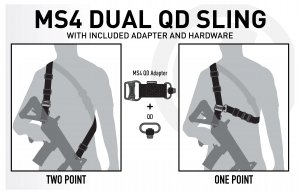 This sling features two heavy-duty push-button QD Sling Swivels along with a custom steel connection ring to allow one to two-point convertibility.