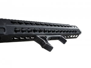 Shooters can apply different techniques to adapt to various scenarios: At the front, a ridged face allows a shooter to brace the rifle without worrying about the grip moving around. At the rear of the grip, the curve can be used as a hand stop.