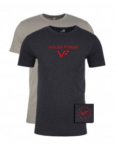 Men's classic, crew neck fitted short sleeve T-shirt with custom graphic Valor Forge Insignia logo on the front and Stars graphic on the back.